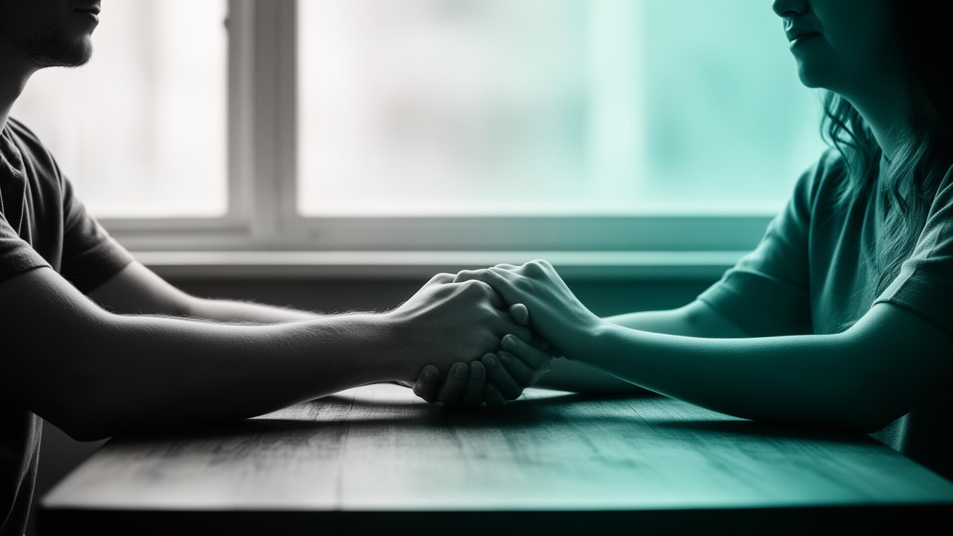 Two people holding hands in soft natural light